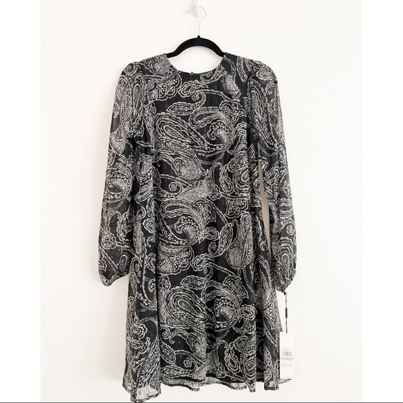 NWT CALVIN KLEIN Paisley Metallic Black Long Sleeve Chiffon Dress Sz 2 - Picture 4 of 7